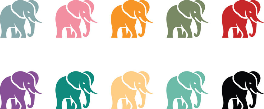 Group of colorful elephant silhouettes on white background, Elephant icon collection silhouette style
