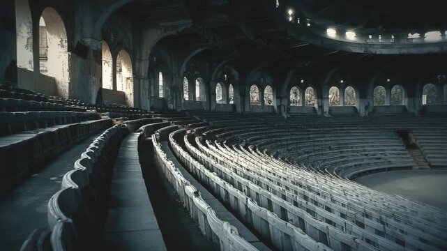 Ultra HD Abandoned amphitheater interior with rows of decaying seats and arched windows letting in dramatic sunlight, dark and moody atmosphere video