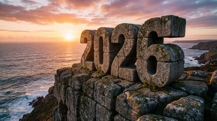 A massive, moss-covered stone monument displaying the numbers "2026" stands on a dramatic cliff overlooking a wide ocean. The scene is bathed in the warm, golden light of a sunrise, with an orange and
