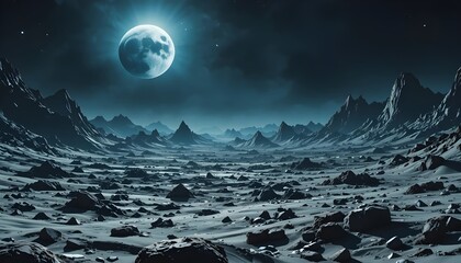 Moonlit alien landscape with rugged mountains and rocky terrain