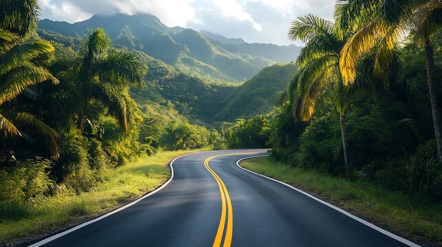 Scenic winding road through lush tropical mountainside forest high resolution image - Powered by Adobe
