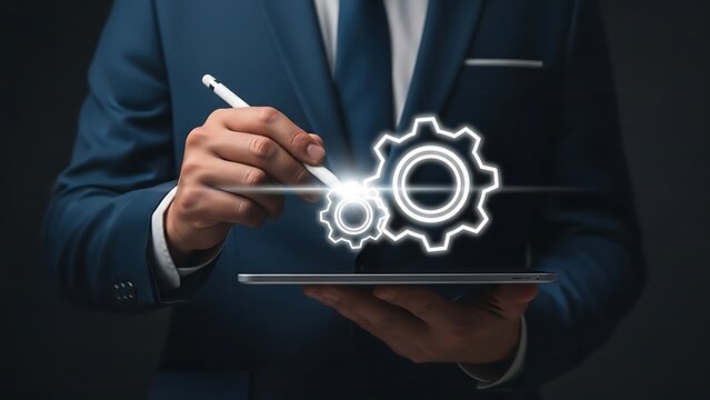 Businessman managing business process with digital gear icons - Powered by Adobe