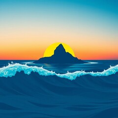 Stylized island silhouette surrounded by ocean waves,  tropical,  outdoor