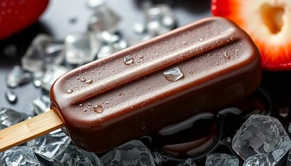 Rich dark chocolate ice pop on a wooden stick, slightly melting, with condensation and a smooth, cool texture,  decadent,  confectionery