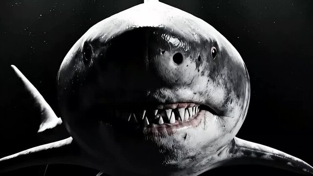 Close up of wild great white shark swimming to camera and opening mouth in deep black underwater ocean
