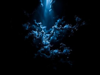 Ink bloom unfurls in obsidian depths, texture sharp, light piercing the void,  ink,  macro