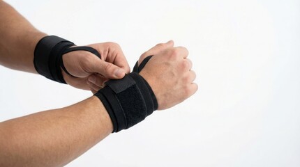 Hands wrapping black wrist wraps before a workout