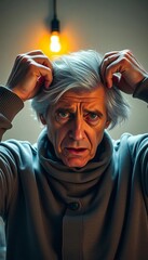 Gray-haired figure clutches head in despair at shocking electric bill, financial ruin looms,  distress,  electric bill shock