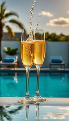 Golden bubbly streams ascend in elegant flutes, reflecting a shimmering pool and chic poolside loungers, embodying carefree leisure,   resort,   glamour