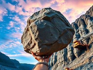 Giant rock lifted by hand amidst industrial mine, sky features streaming positive trading data,  mining,  abstract
