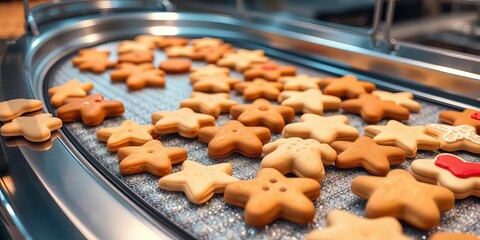 Glistening silver conveyor belt carries a delightful assortment of warm, handcrafted cookies in every shape imaginable,  sugar cookies,  automated