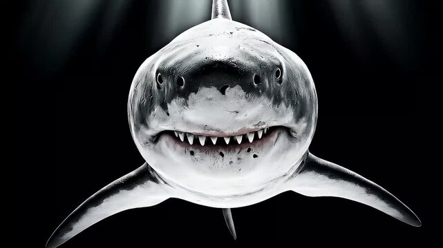 Giant shark swimming head on towards viewer in deep dark sea and opening massive jaws to show sharp teeth.