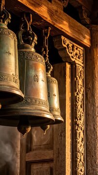 Spiritual bronze temple bells hang on chains, captured in a vertical close-up with warm golden light inside an ancient buddhist temple.