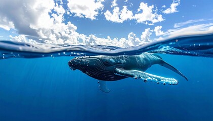 Split-view image of a whale swimming underwater and a bright blue sky with clouds