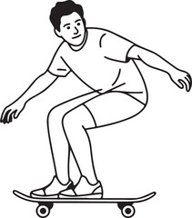 Fototapeta premium Teen Boy Riding Skateboard Line Art, Coloring Book Page Vector Illustration