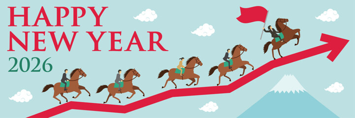 富士山と矢印とビジネスマンが乗った馬が走るイラストの横長の年賀状_女性リーダー_happy new year
