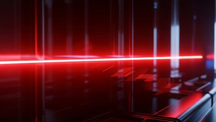 A futuristic corridor with a red laser beam line illuminating the dark, sleek, and modern architectural space.