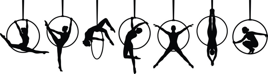 Aerial hoop yoga silhouettes set, aerial fitness acrobat poses strength balance flexibility wellness black vector illustration collection © Sree