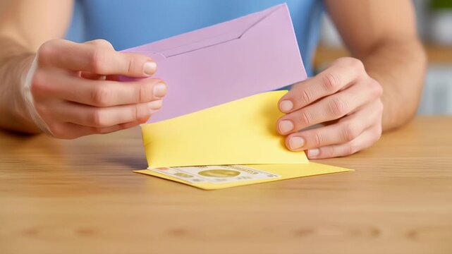 Hands hold pastel envelopes at a desk, open one and slide a bill forward, then place cash and papers underneath, arranging a personal budgeting and payment system with steady focus.