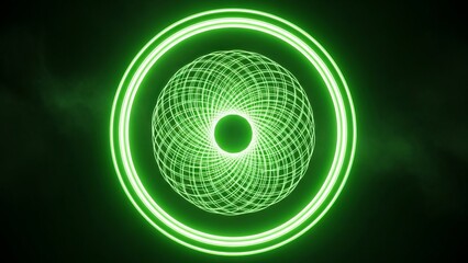 A glowing green neon sphere surrounded by concentric circles in a dark environment viewed from the front