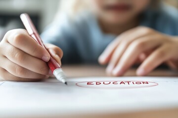 Close-up of children's fingers gripping marker, red oval around "EDUCATION" learning and growth theme