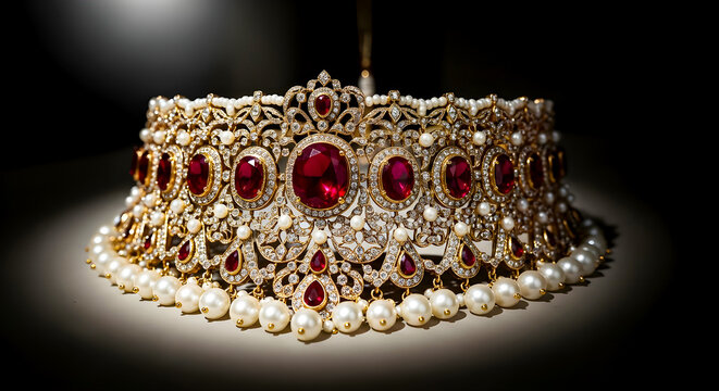 Luxurious Gold Crown Adorned with Red Gemstones and Pearls for Regal Jewelry Display Showcase