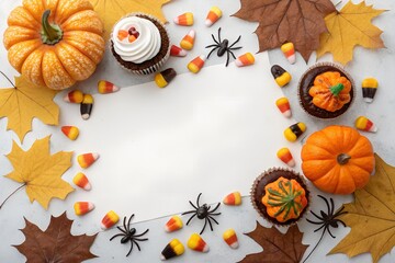 Obraz premium Delicious Halloween treats featuring frosted cupcakes, small orange pumpkins, colorful candy corn, and autumn leaves surrounding a blank white copy space.