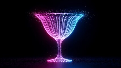 Glowing neon cocktail glass with pink and blue light trails on black background