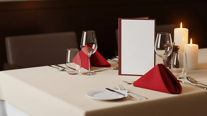 Romantic table setting with elegant candlelight dinner, blank menu mockup, and luxurious red napkins ready for a special date night celebration