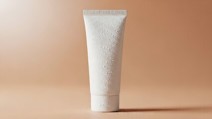 view photo of blank empty white tube for cream Flat lay flatlay top above overhead view photo dewy peach background, evoking freshness, purity, and everyday self-care