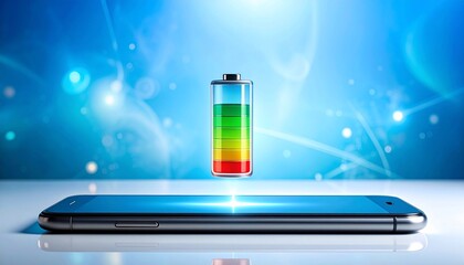 A floating battery icon over a smartphone, with a bright blue background