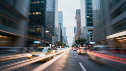 Dynamic Urban Traffic Flow, City Street, Time-Lapse Photography, Evening Light, Motion Blur, Modern Architecture