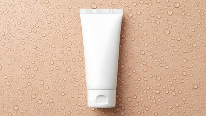 view photo of blank empty white tube for cream Flat lay flatlay top above overhead view photo dewy peach background, evoking freshness, purity, and everyday self-care
