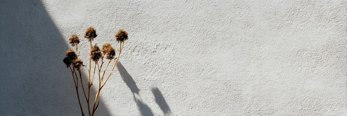 壁の前に立つ乾燥した花と影