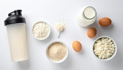 Overhead view protein shake, bowls of powder and cottage cheese, eggs, and milk bottle on white
