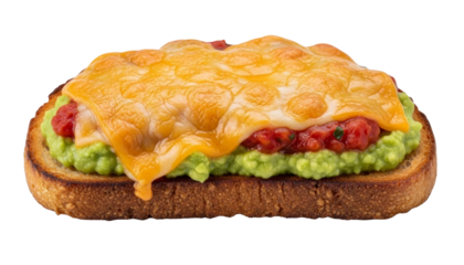 Toast with avocado paste, tomato sauce, and cheddar cheese isolated on transparent background