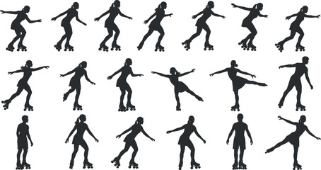 Roller skating silhouette collection, dynamic poses vector set, black design, artistic movement, skating action, sport icon, isolated graphic, minimal style
