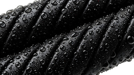 Closeup of wet black rope texture with water droplets macro shot