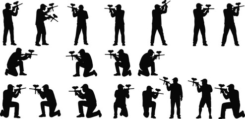 Paintball player silhouette collection, tactical stances vector set, black design, shooting poses, sport action icon, protective gear, isolated graphic, minimal layout © MstFatema