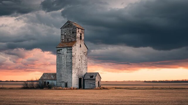 Ultra HD Dramatic sunset over abandoned wooden grain elevator in prairie landscape under stormy clouds video