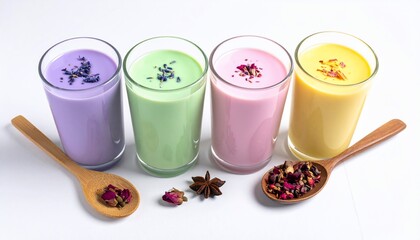 Four vibrant, color-coordinated drinks in glasses, adorned with toppings & wooden spoons