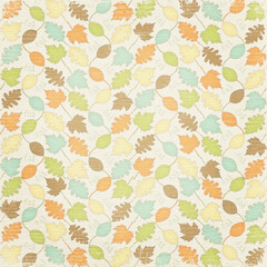 Seamless autumn leaf pattern with multicolored leaves and vintage paper texture. Warm decorative design perfect for fall-themed backgrounds and decor.
