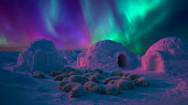 Ultra HD Polar bears sleeping near igloos under vibrant aurora borealis sky in arctic night video