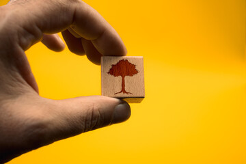 A hand holding a wooden block with a tree on it. The tree is red and has a green leaf. The block is small and square