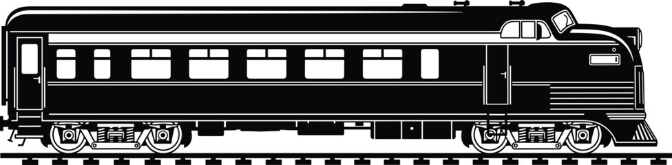 Vintage passenger train locomotive silhouette isolated black vector illustration showing classic railway transport design for travel history industry concept © Afsana Creatives