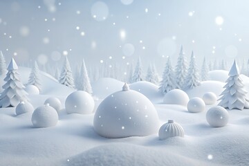 Snowy winter scene with white Christmas ornaments and trees