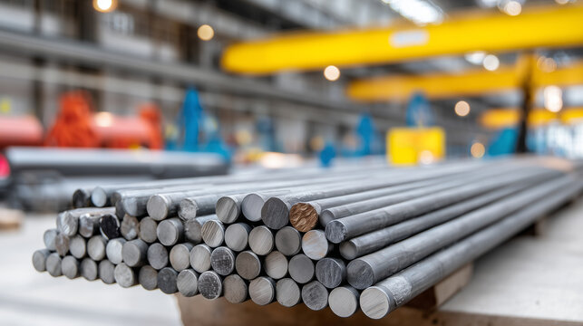 Industrial workshop floor with metal rods stacked in parallel rows that shorten progressively