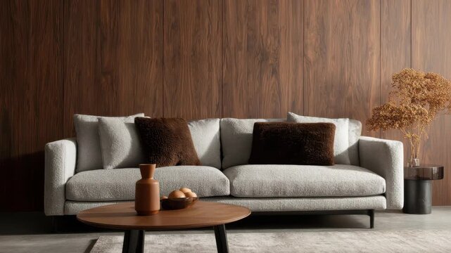 Minimalistic sofa in beige boucle, brown cushions and coffee table is dark wood. Cream-colored wall. Soft, curved plush cream sofa with a curved backrest in neutral tones. Aesthetic room furniture