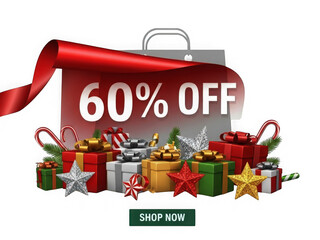 Christmas sale suitcase with gifts, 60% off - isolated on transparent background