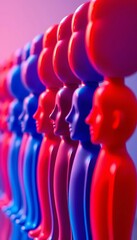 Abstract figures in a row, red and blue hues mixed, showcasing diverse dimensions,  collection,  spectrum